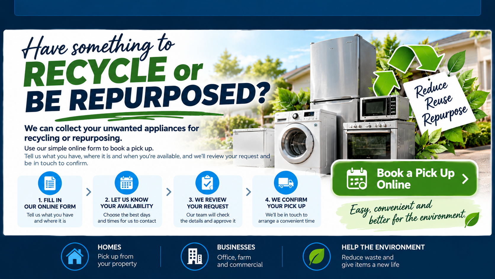 Have something to collect, refurbish, recycle or repurpose? Book a pickup online. Easy for you, better for our environment.